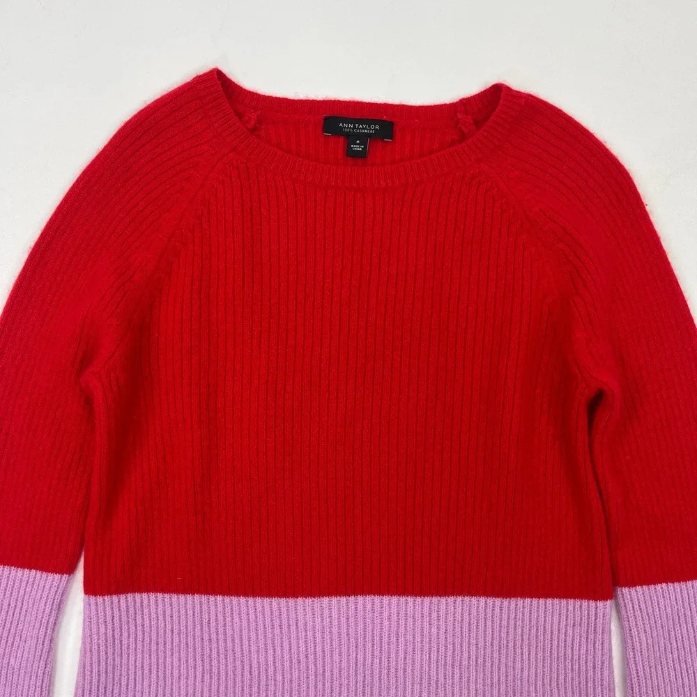 Ann Taylor 100% Cashmere Sweater Red Purple Colorblock Thick Plush *Kitten Soft*